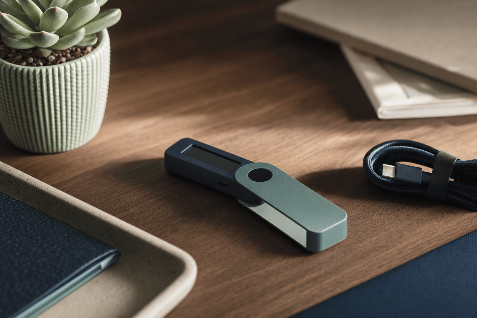 Stilisert hardware wallet og smarttelefon side om side på trebord, varmt sidelys, ingen tekst, ingen mennesker