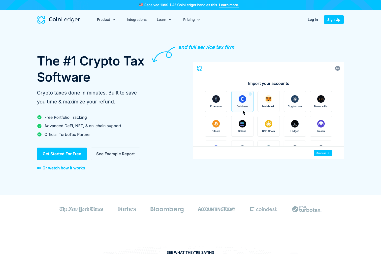 CoinLedgers hjemmeside med tittelen «The #1 Crypto Tax Software» og en preview av importskjermen