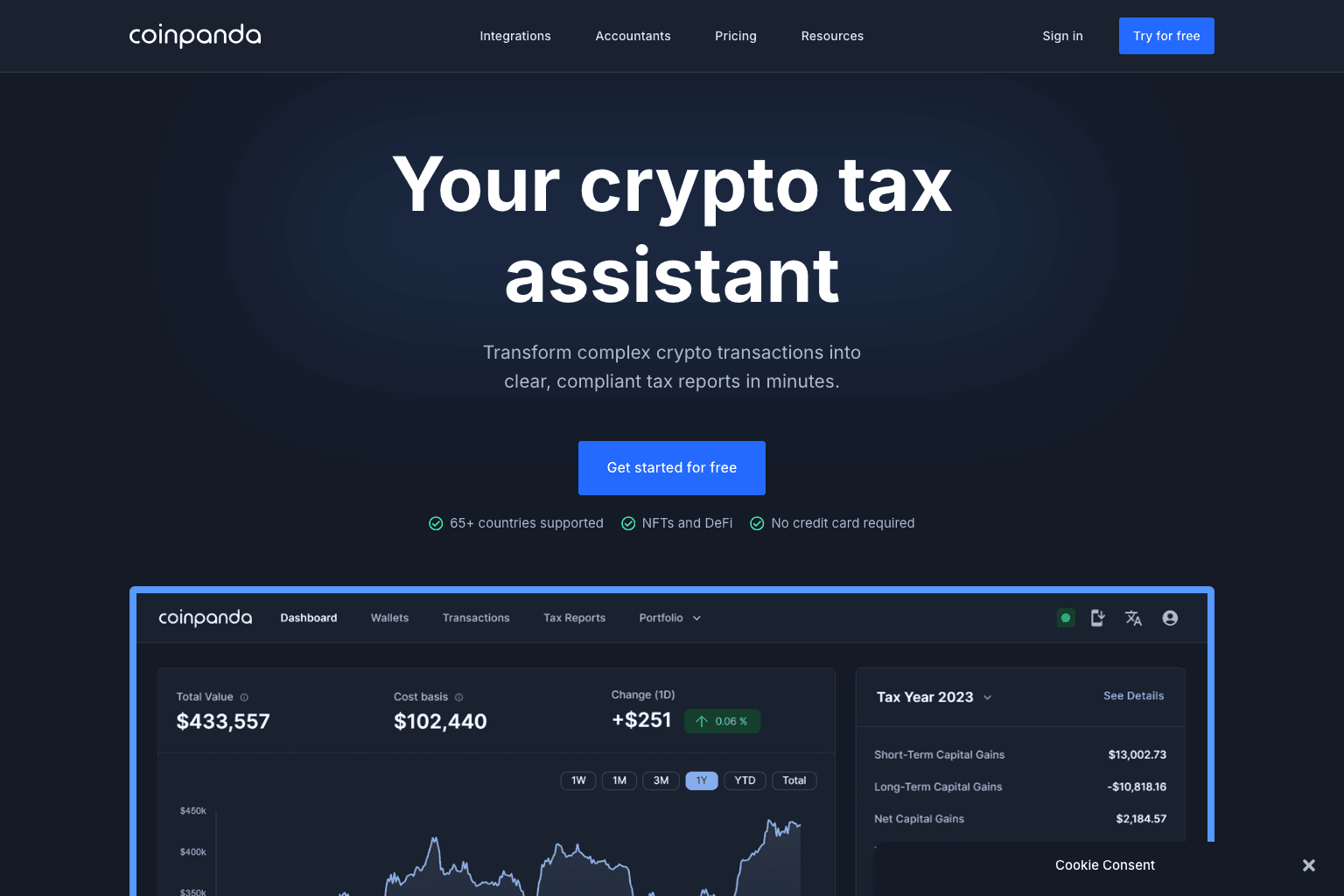 Coinpandas hjemmeside med tagline «Your crypto tax assistant» og en forhåndsvisning av dashboardet med porteføljeoversikt