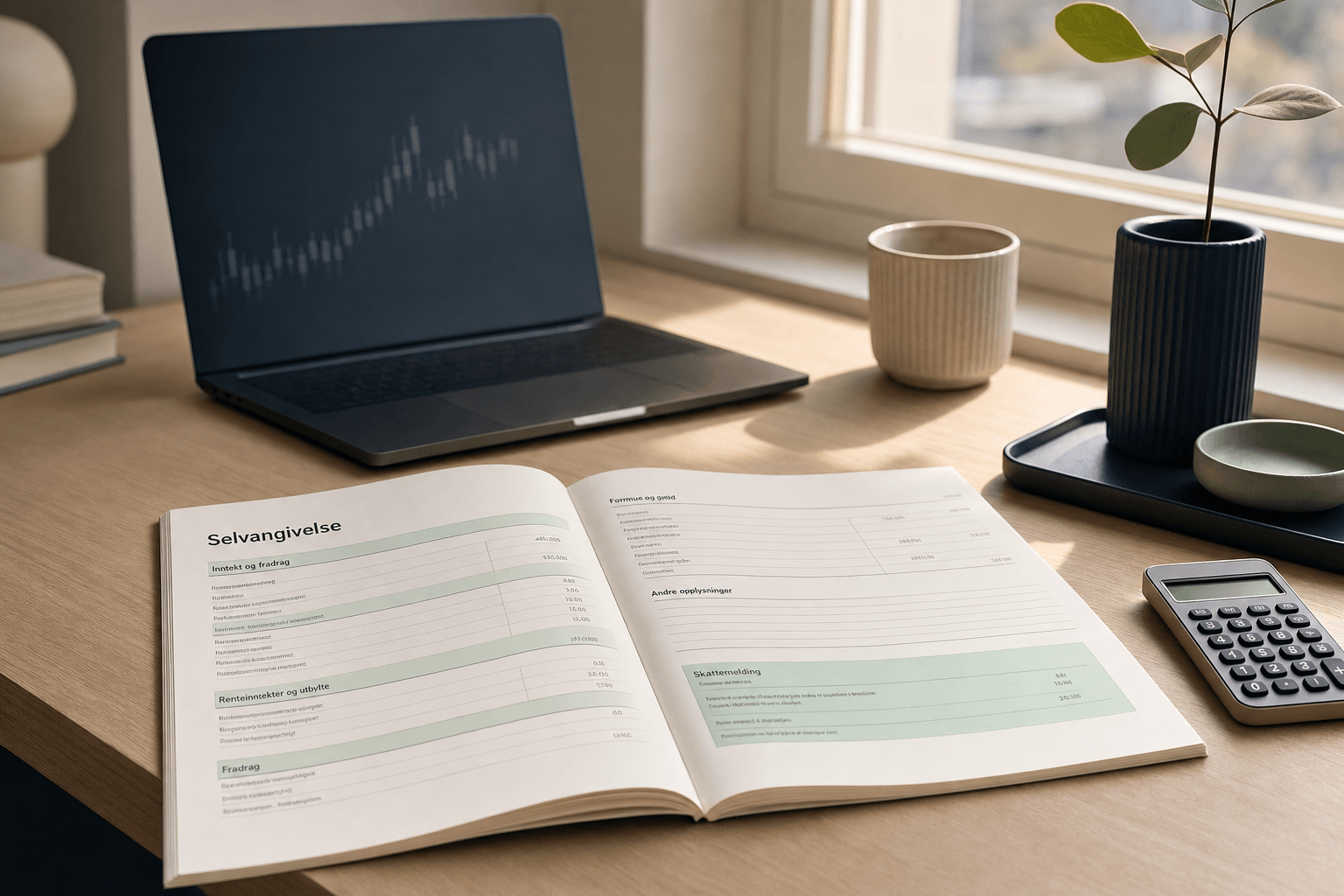 Norsk skattemeldingsskjerm med kryptovaluta-rapport og laptop med markedsdata, varm morgenlys, skandinavisk minimalisme