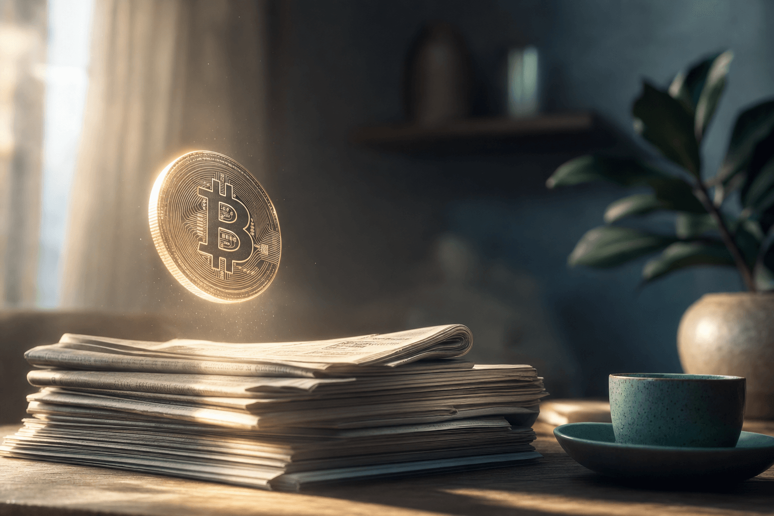 Stilisert gullbarre ved siden av et lysende Bitcoin-symbol på mørk steinflate, ingen tekst, ingen mennesker