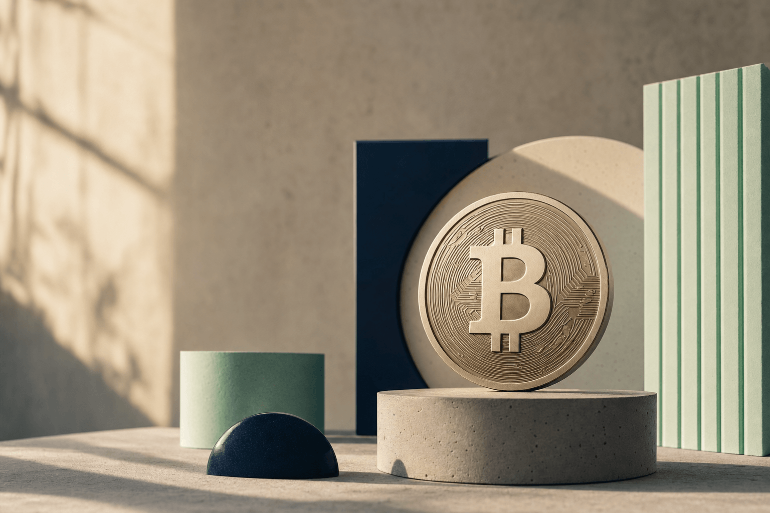 Bitcoin-symbol som geometrisk skulptur på matt betong, soft sidelys, ingen mennesker, ingen tekst