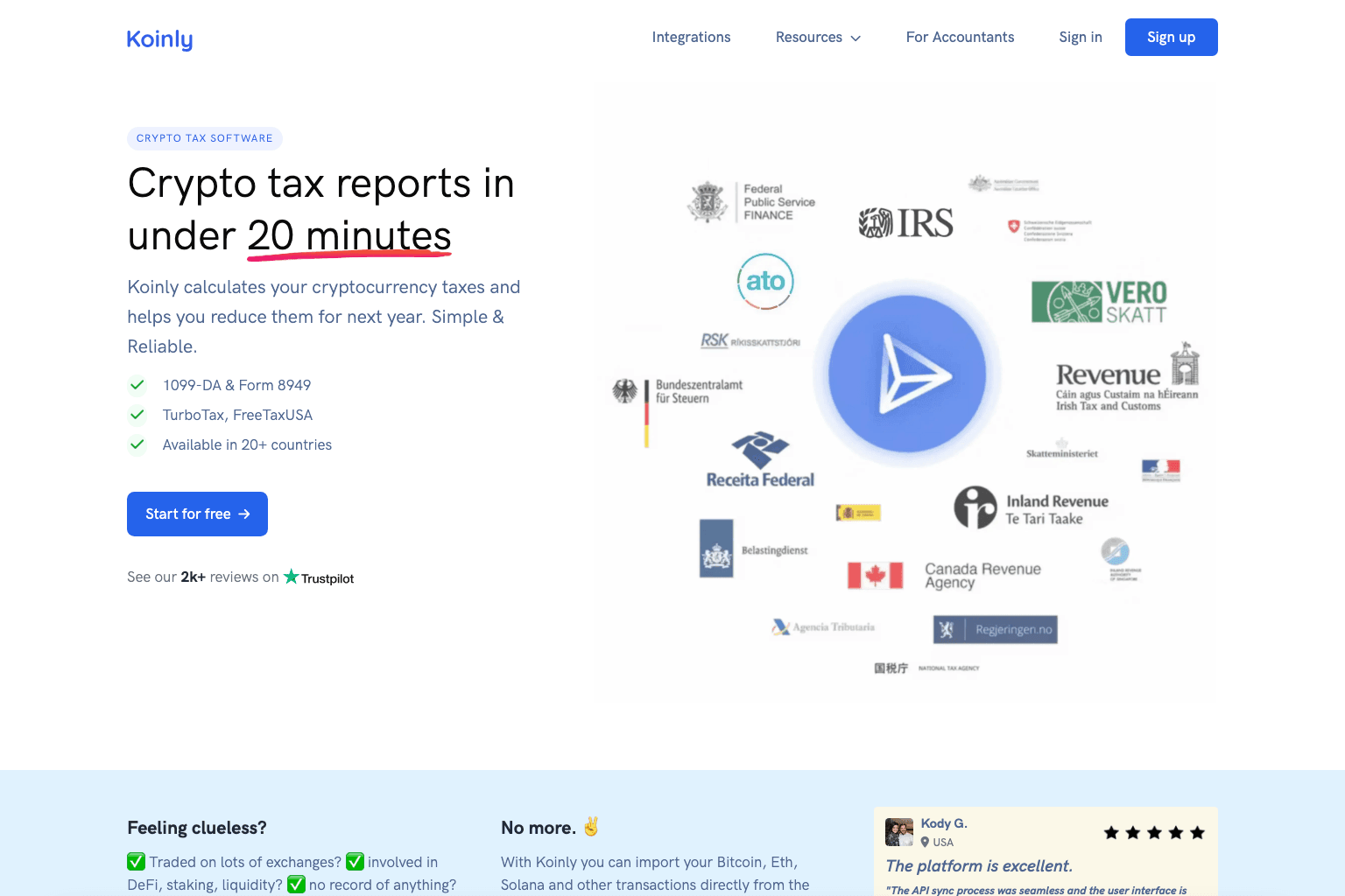 Koinlys hjemmeside med tagline «Crypto tax reports in under 20 minutes» og logoer for HMRC, IRS, Skatteetaten og andre skattemyndigheter