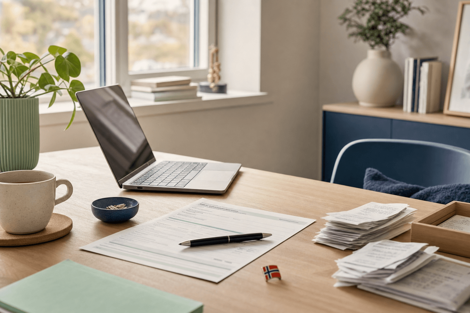 Skrivebord med skattemelding, laptop med Coinpanda-rapport og kaffekopp, varm morgenlys, skandinavisk minimalisme