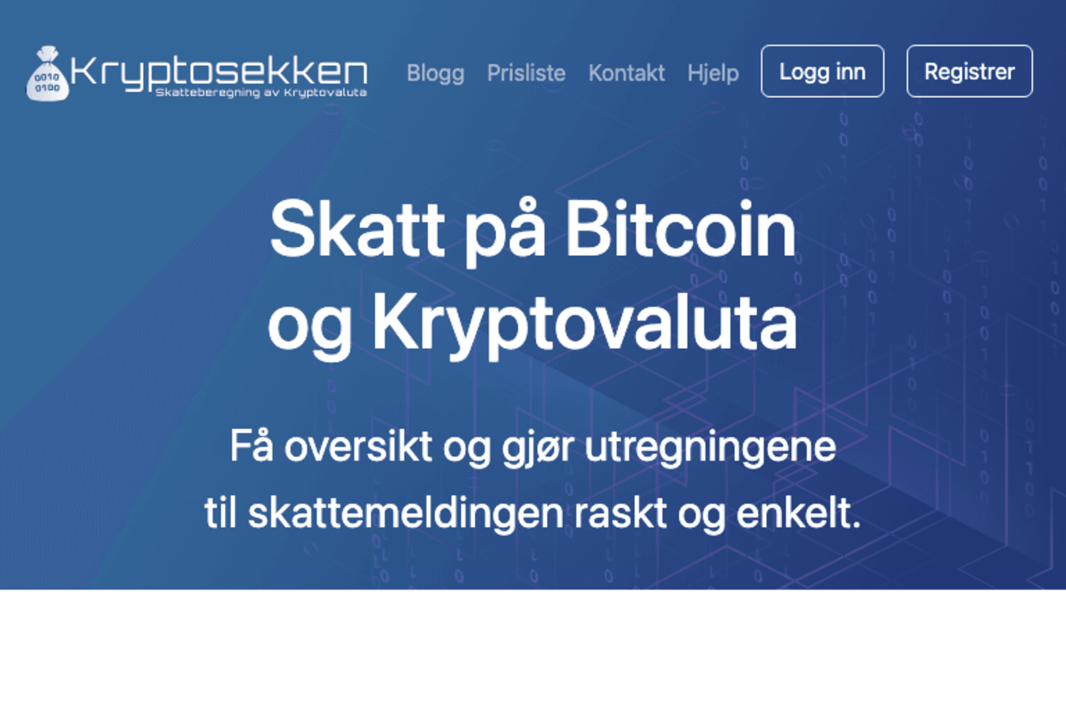 Kryptosekkens hjemmeside med tagline «Skatt på Bitcoin og Kryptovaluta» på blå bakgrunn