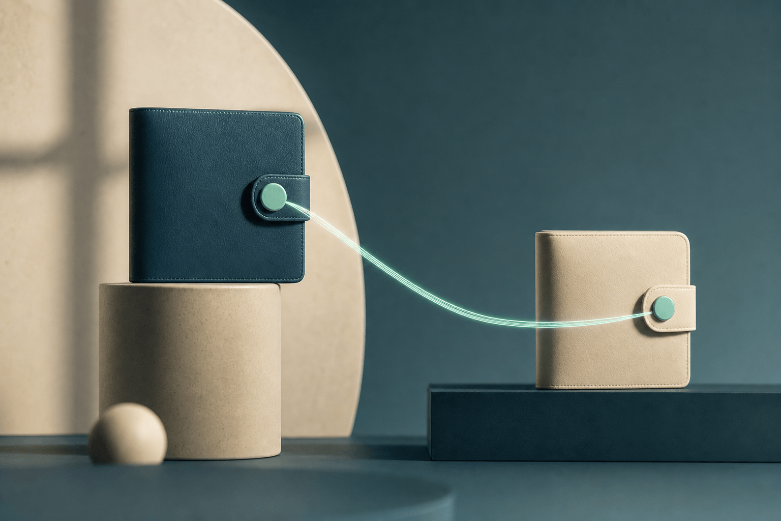 Norsk laptop og hardware wallet på trebord med blockchain-graf, soft formiddagslys, ingen tekst, ingen mennesker
